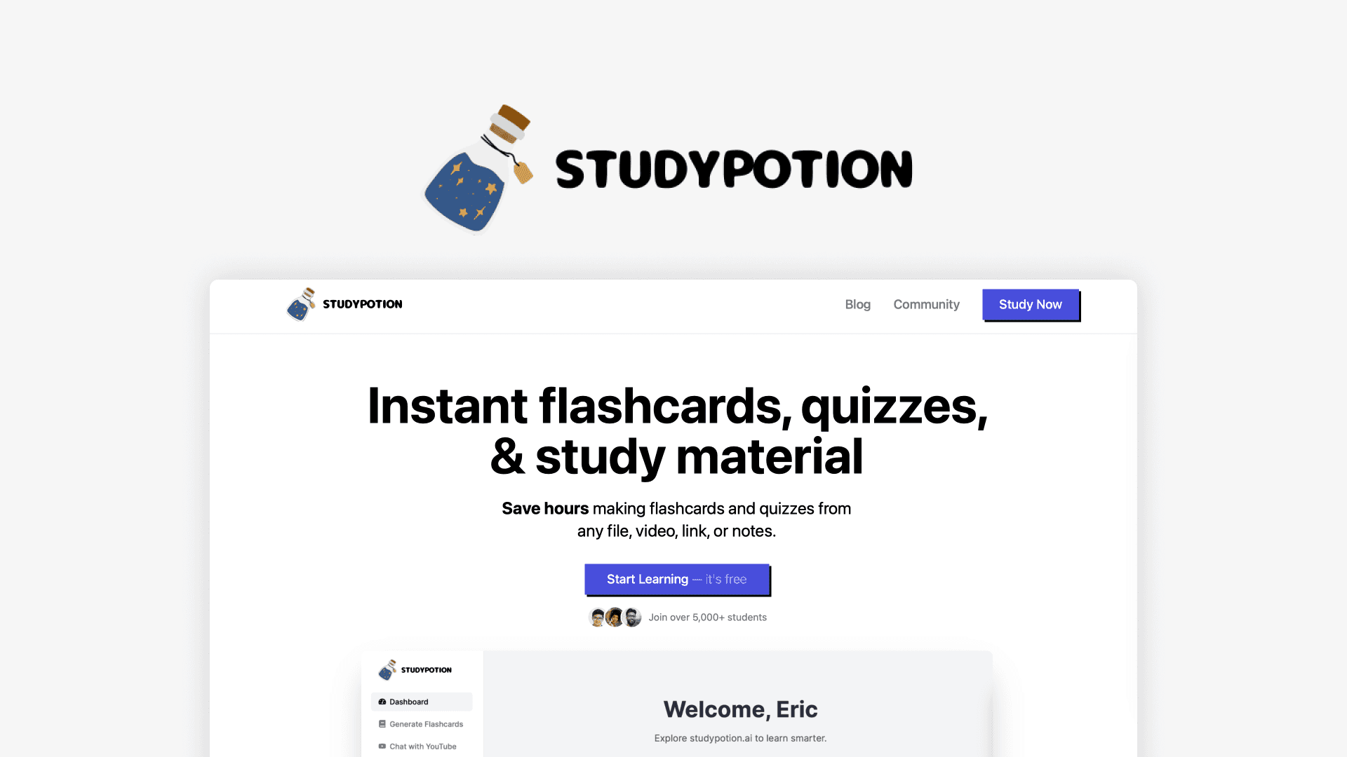 Screenshot of Study Potion AI website